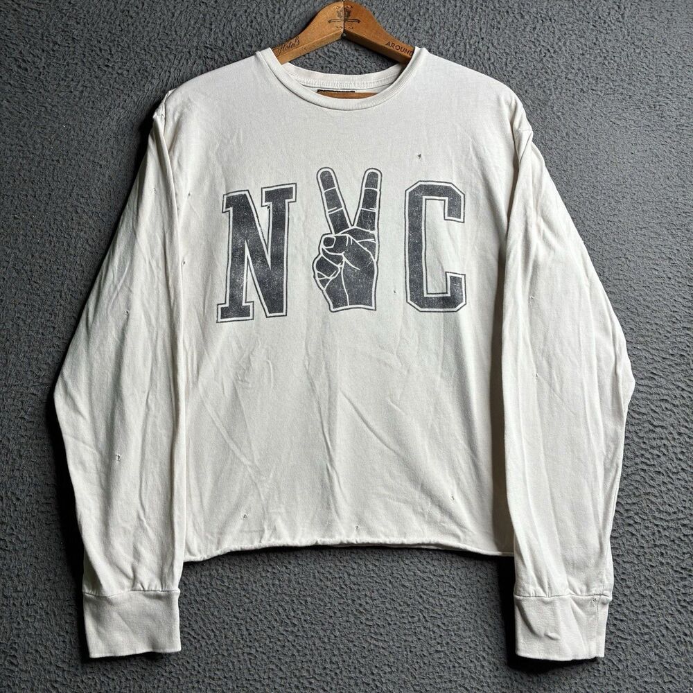Free People Retro Brand NYC Graphic Long Sleeve Cropped T-Shirt Large USA Made